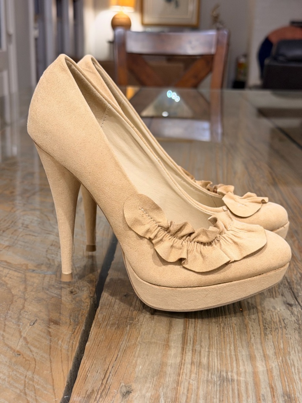 Women's Ruffle Platform High Heels in Beige